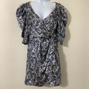 Cinq a Sept Lucinda Puff Sleeve Ruffle Faux Wrap Dress Sz 8 Coastal Resort